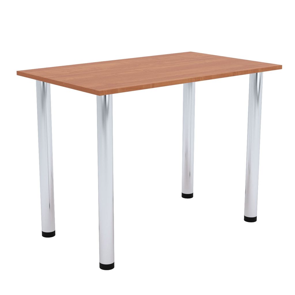 A product shot of a table with a wooden top and chrome legs, isolated on a white background.