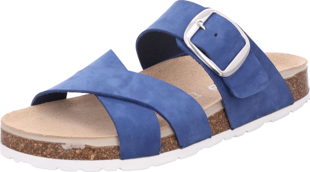 Rohde Damen Pantolette Schnalle Leder gekreuzte Riemen Kork Fußbett Elba 1715, Größe:38 EU, Farbe:Blau