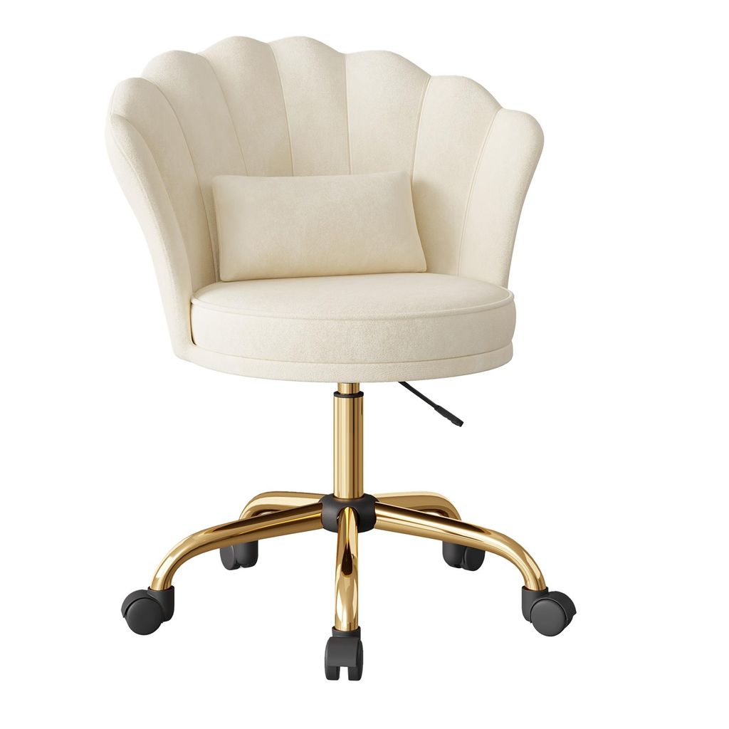 A beige office chair with a gold base and wheels, shown against a white background.