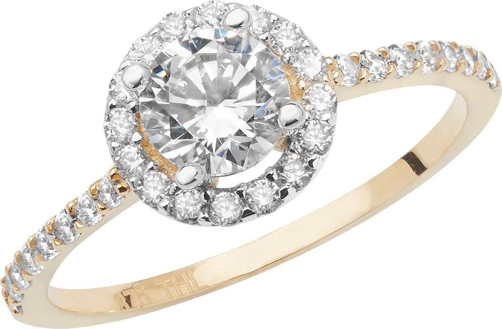 Klassischer 9 Karat (375) Gold Solitär Verlobung Damen - Ring mit Zirkonia (synth.), 49 (15.6); TRS17076RSJ