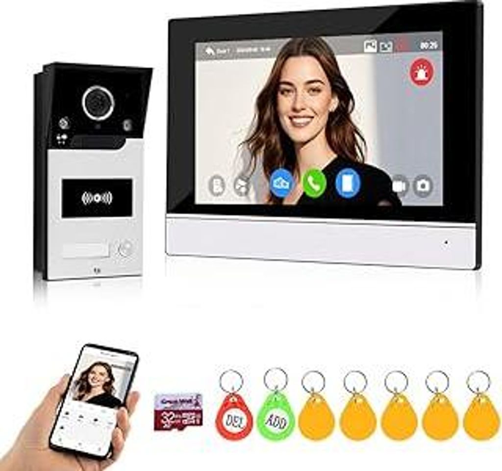 TUYA WiFi Video Intercom Türklingel Eingangssystem 7inch 1080P HD Verdrahtete Video Türklingel Kamera mit Monitor, IR Nachtsicht, Aufnahme, RFID ...