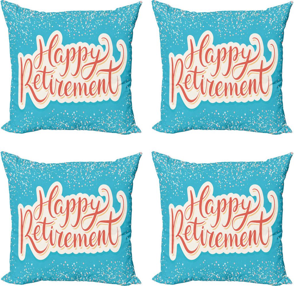 ABAKUHAUS Abschiedsparty Kissenbezug Set (4 Stück), Glücklichen Ruhestand, Moderner Doppelseitiger Digitaldruck, 45 cm x 45 cm, Coral Weiß Sky Blue
