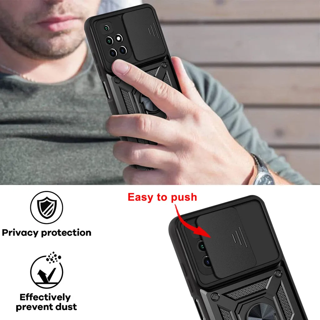 ESTH® Custodia per Xiaomi Redmi 10 2022 con Custodia per Fotocamera Scorrevole e Supporto ad Anello [Cover Paraurti Compatibile con Supporto Magnetico per Auto], Argento