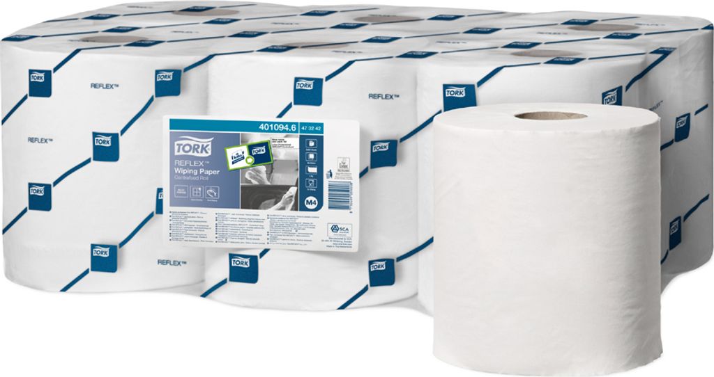 A multi-pack of white paper towel rolls, with one roll prominently displayed in the foreground.