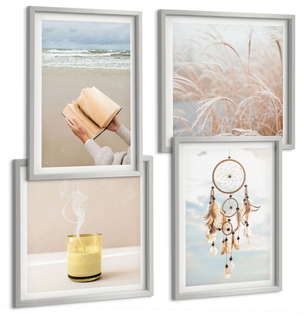 Bilder Set 4-teilig im silbergerahmten Rahmen – Wandbilder 4 Stück – gerahmte Poster für Wohnzimmer, Schlafzimmer und Flur – 50x50 cm - 40x...