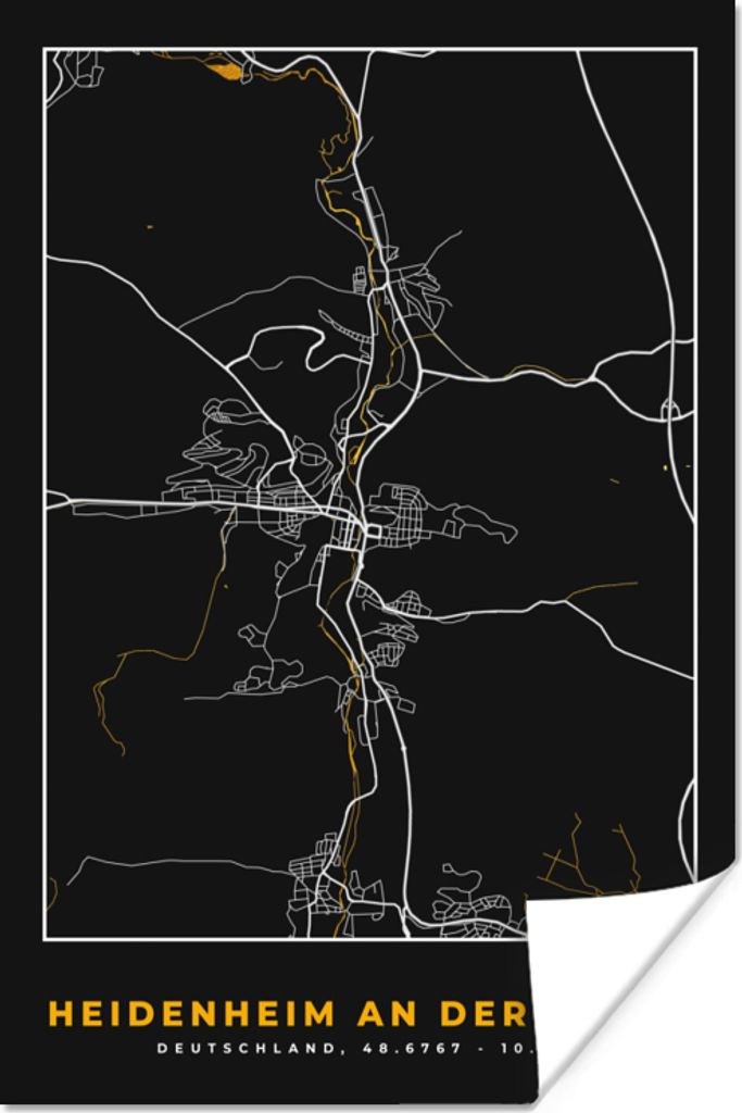 MuchoWow Poster Karte - Stadtplan - Heidenheim an der Brenz - Deutschland - Gold 120x180 cm - Kunstposter