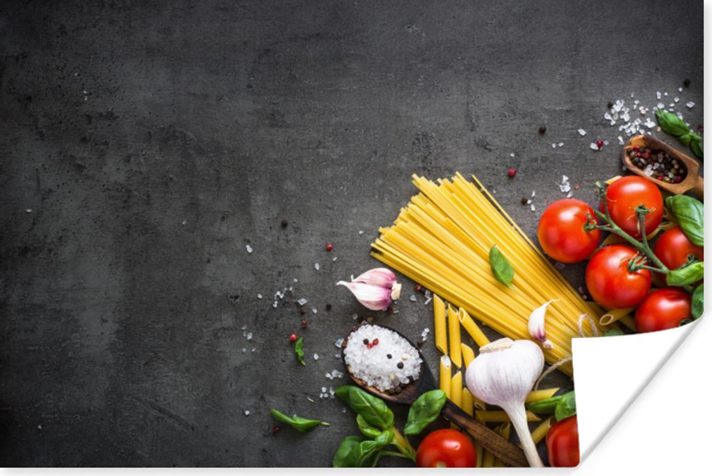 MuchoWow Poster Nudeln - Kräuter - Tomate - Gewürze - Rustikal 60x40 cm - Schlafzimmerdekoration