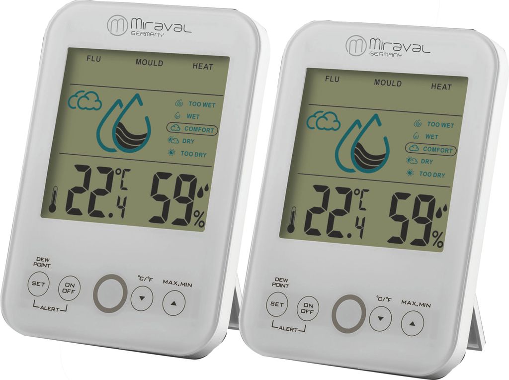 Two Miraval digital climate stations are shown side-by-side against a white background.