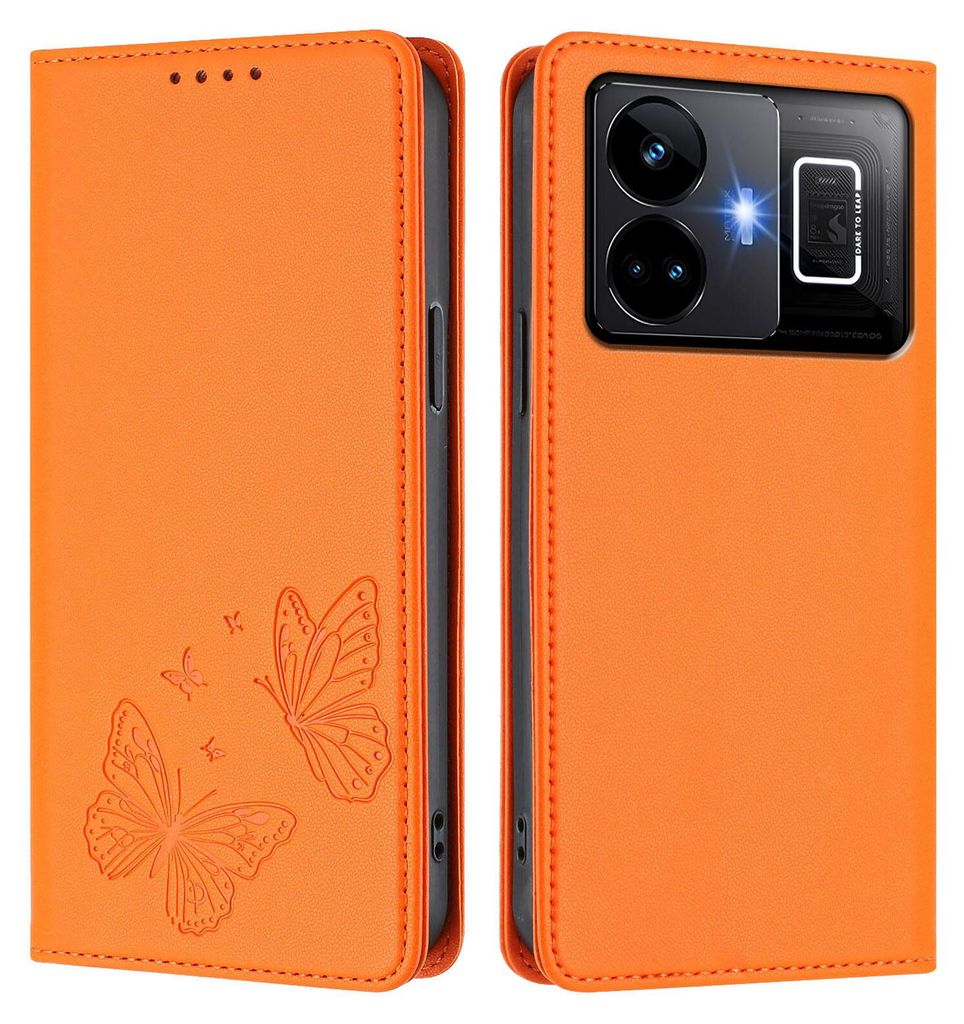 Lederhülle für Realme GT3 5G, Schmetterling Prägung Leder Brieftasche Schutzhülle mit Ständer Orange