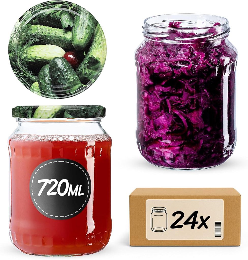A collage of images showing jars of preserved food and a cardboard box.