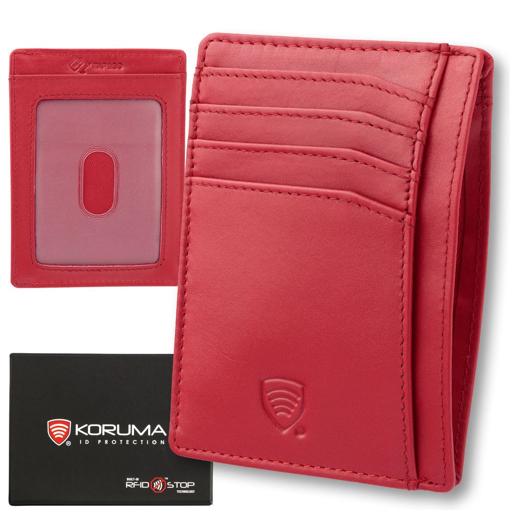 SLIM Geldbörse Damen Kartenetui, Premium Echtleder RFID-Blocker Slim Geldbeutel Kreditkartenetui mit ID-Fenster Tap&Go Rot / KORUMA