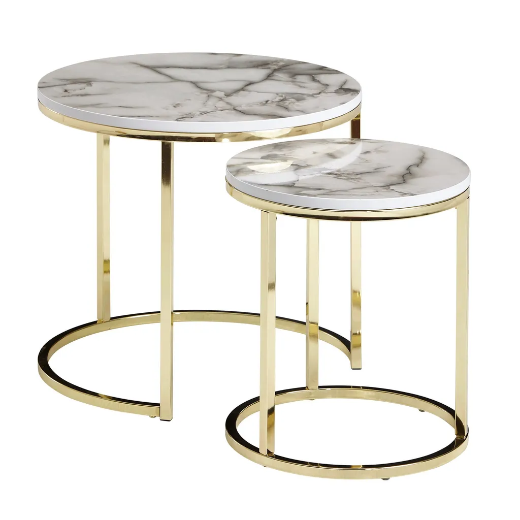 FineBuy Tavolino di design set di 2 tavolini da caffè rotondi effetto marmo 2 pezzi struttura del tavolo metallo piccoli tavoli da soggiorno tavolini da caffè moderni - 1