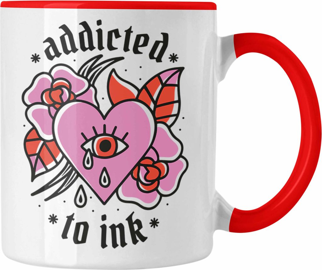 Trendation - Tätowiererin Geschenk Tasse Addicted To Ink Geschenkidee für Frau Mädchen Tattoo (Rot)