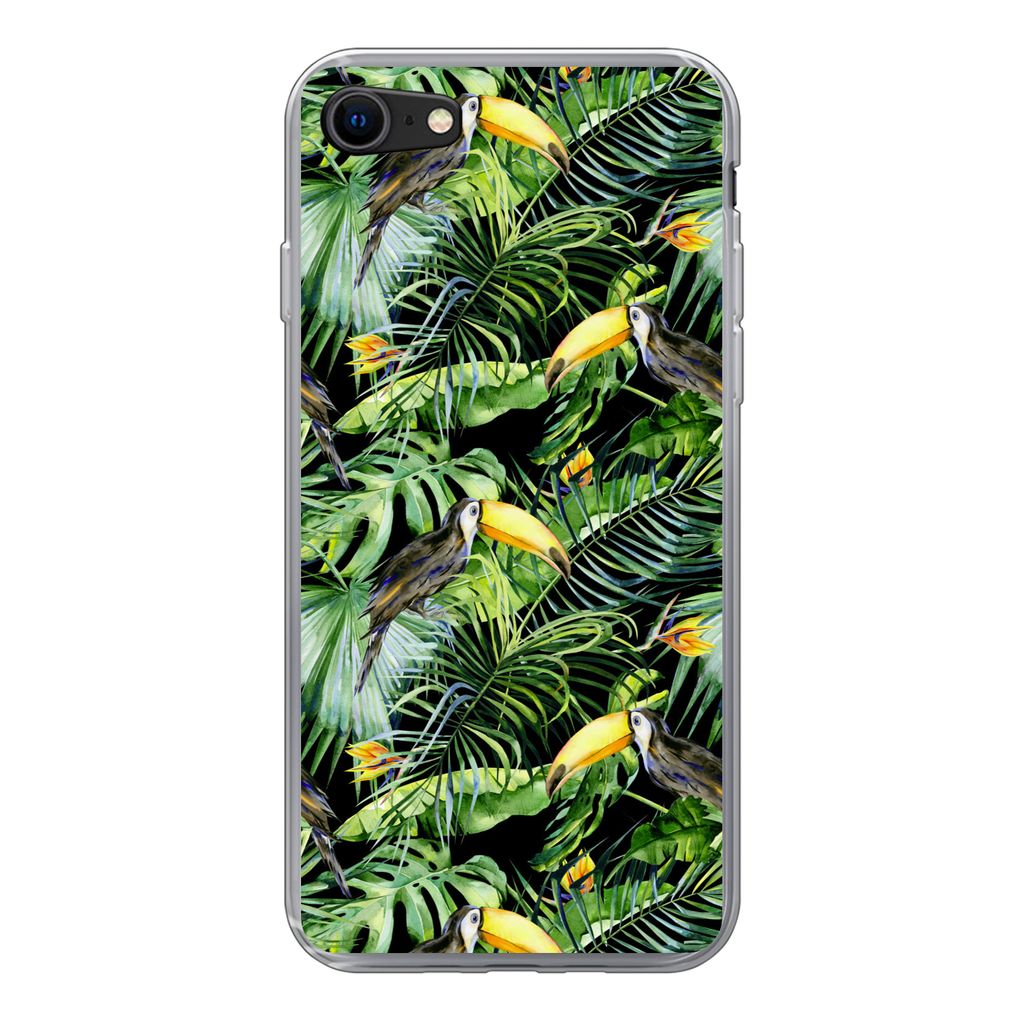 MuchoWow Handyhülle Schutzhülle Hülle für iPhone SE 2020 Tukan - Muster - Pflanzen Silikon Softcase Handy Hülle - Kartenbesitzer