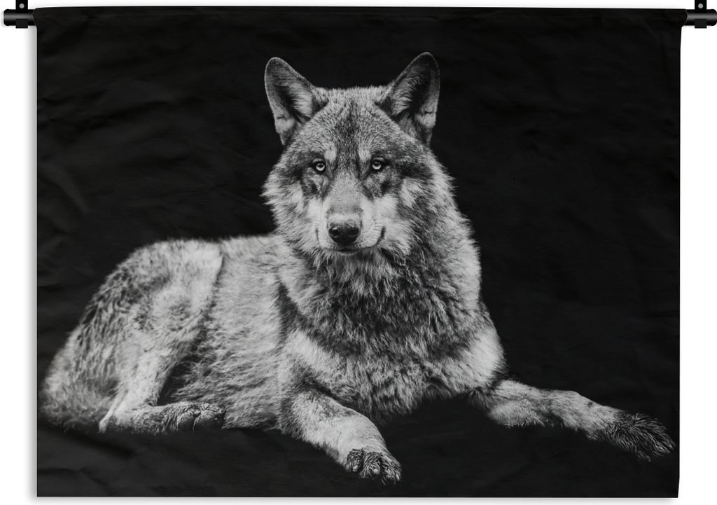 MuchoWow Wandteppich Wandbehang Wildlife - Wolf - Schwarz - Weiß 90x67.5 cm Tapisserie Dekoration Wandtuch - Fototeppich - Wand-Skulpturen