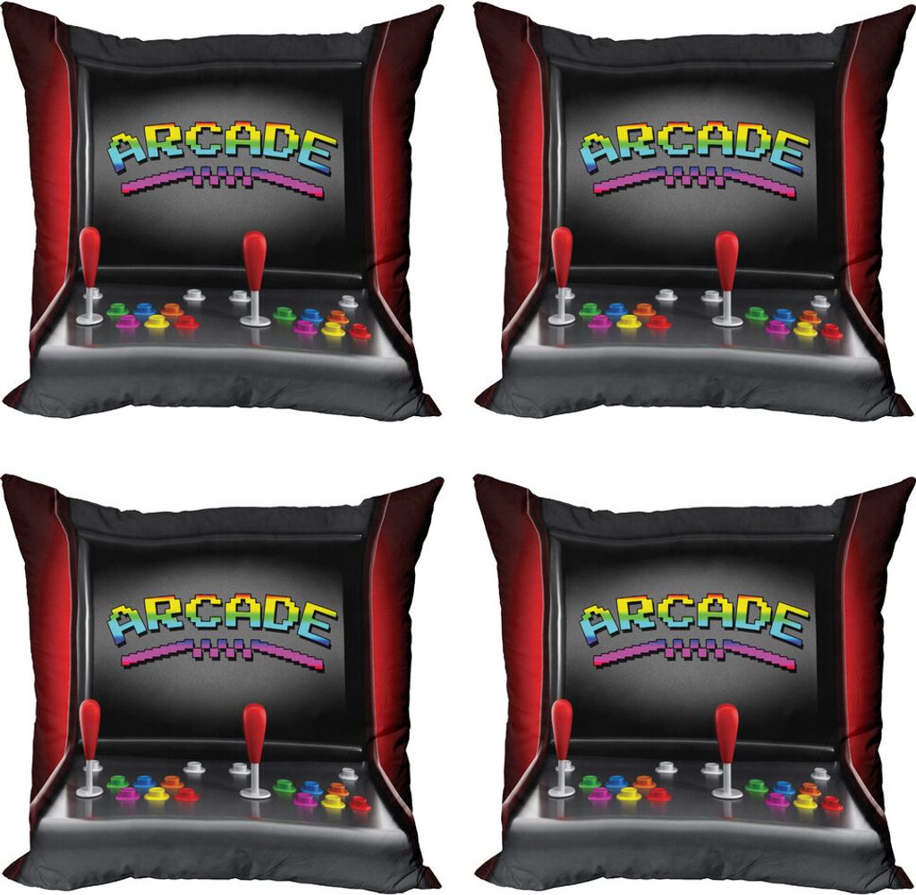 ABAKUHAUS Videospiele Kissenbezug Set (4 Stück), Arcade Retro Fun, Moderner Doppelseitiger Digitaldruck, 45 cm x 45 cm, Mehrfarbig