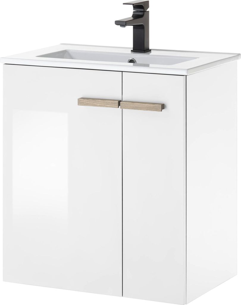LIVOJO S12 Badezimmer Waschtisch mit Waschbecken 60 x 70 x 40 cm Weiß Hochglanz & Eiche Nachbildung
