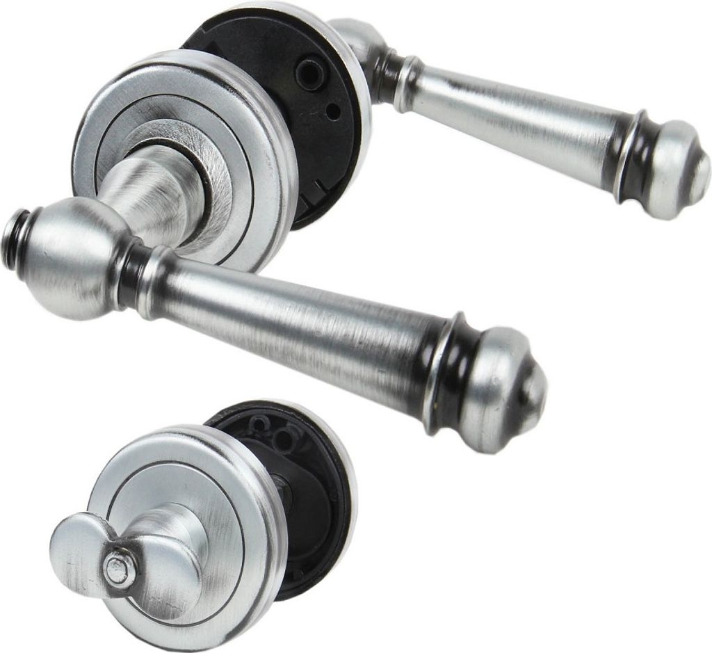 A set of door handles and a privacy lock, presented against a white background.