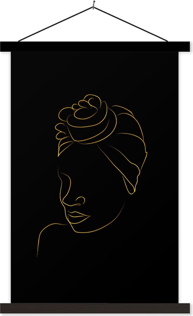 MuchoWow Textilposter Frau - Kopftuch - Schwarz und Gold - Strichzeichnung 60x90 cm mit schwarzem Rahmen - Poster Wohnzimmer