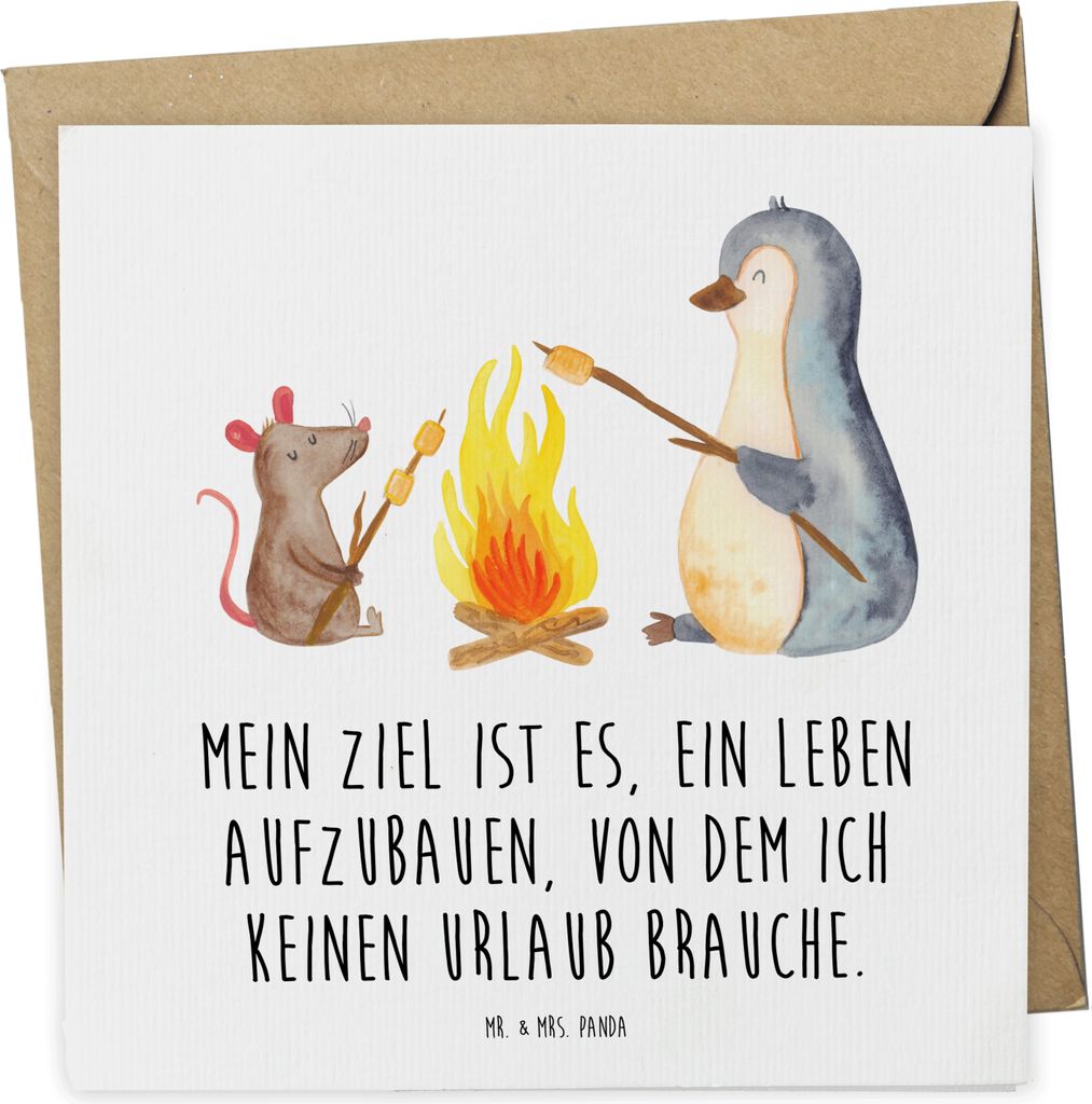 Mr. & Mrs. Panda Grußkarte Pinguin Lagerfeuer - Weiß - Geschenk, anlasskarte, doppelkarte, Klappkarte, Liebe, faltkarte, Job, Feuer, Maus, Glück...