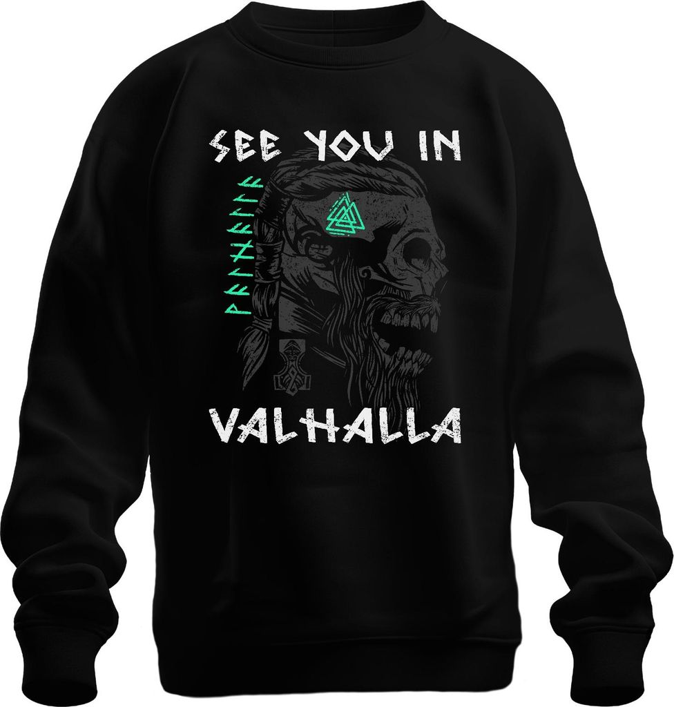 See you in Valhalla Wikinger Schädel Runen Mjolnir Nordisch Odin Uni Sweatshirt Pullover, Schwarz, XXL
