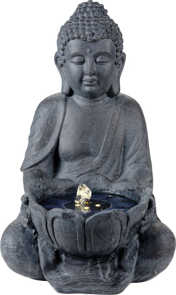 LED Solar Brunnen Buddha - Gartenbrunnen - GRC Beton - 4 warmweiße LED - H: 45cm - Außen - grau
