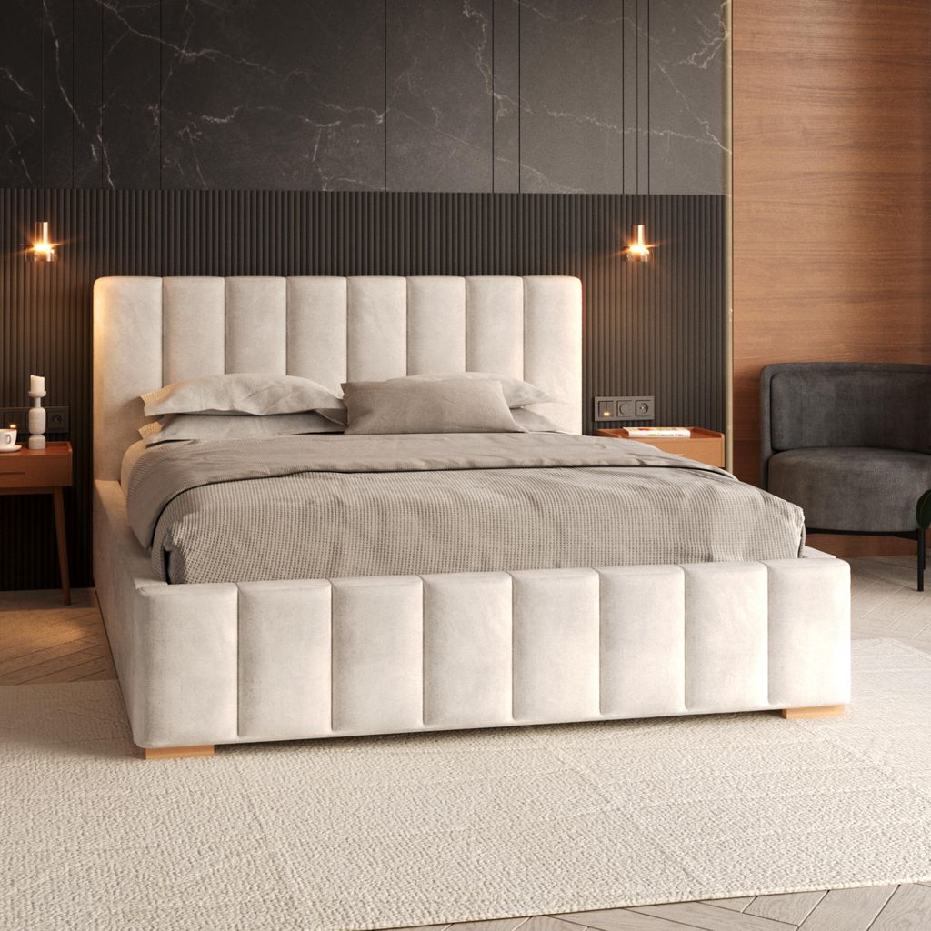 FDM Bett DENTON Trinity 120x200 cm Polsterbett mit Lattenrost mit Matratze Kaltschaum BRESSO aus Metall Bettkasten Stauraumbett Samt weiß