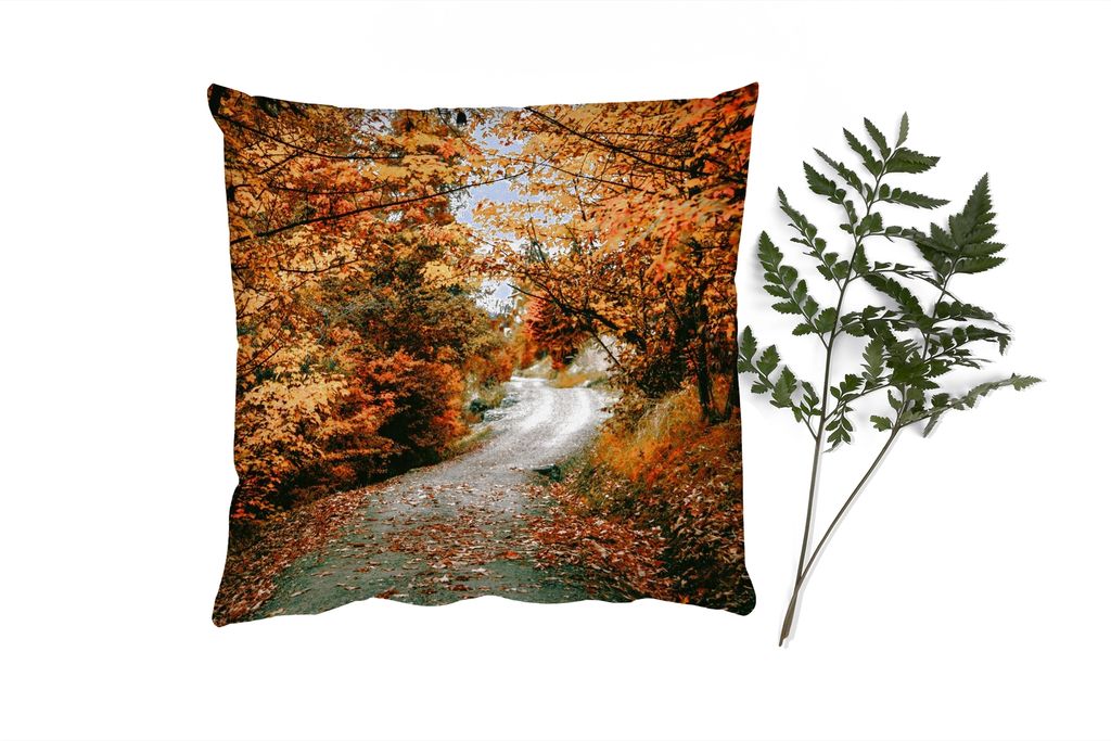 MuchoWow Zierkissen Sofakissen Wohnzimmer Dekokissen 50x50 cm Herbstwald - Weg - Laub - Ländlich - Komfort - Sofakissen