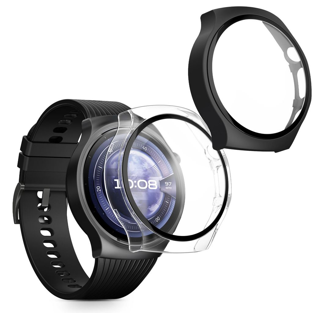 kwmobile 2x Glas Hülle für Huawei Watch 5 46mm Schutzhülle - Fullbody Fitnesstracker Case Set aus Glas - Schwarz Transparent