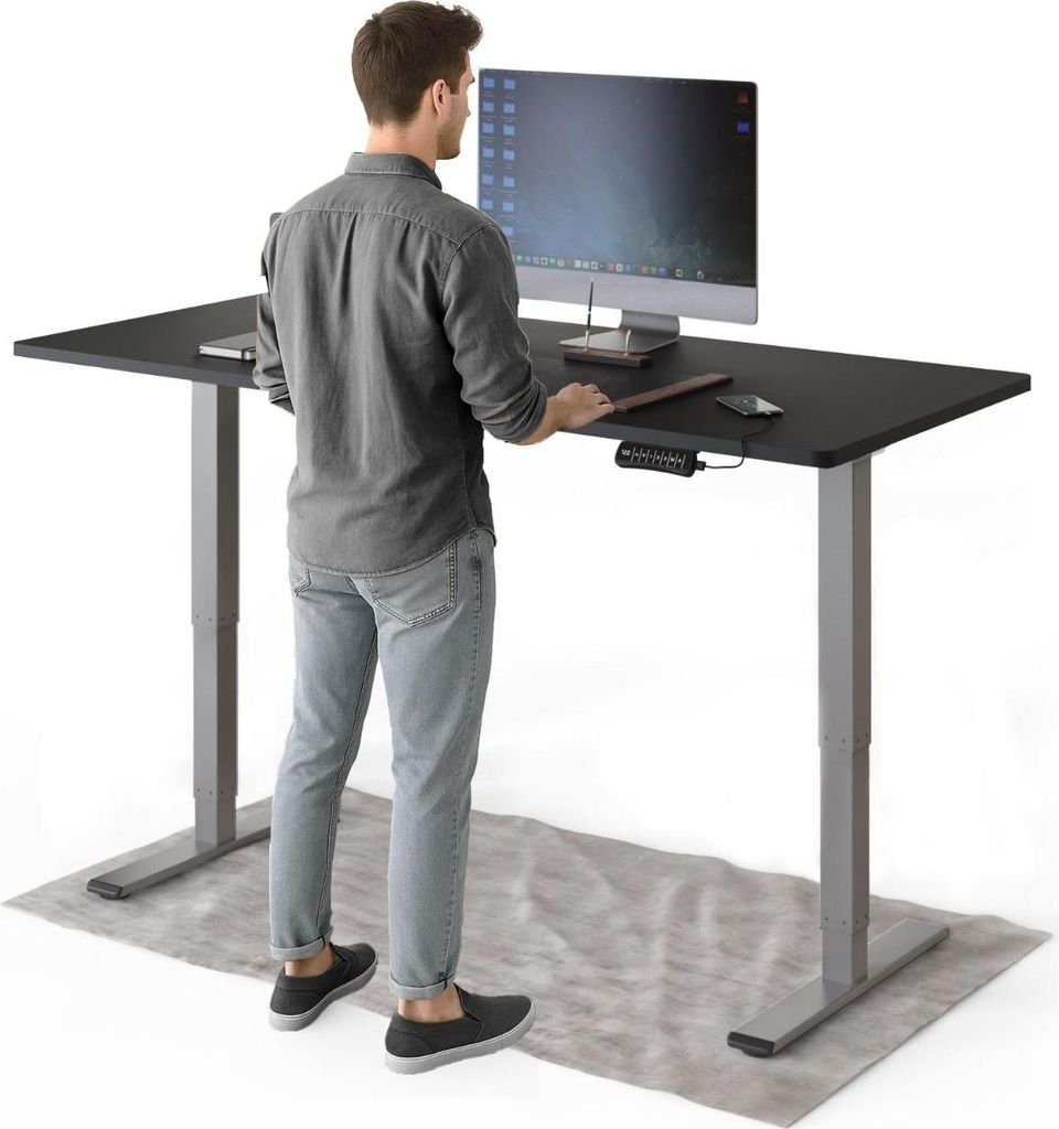DESKSPACE PRO Plus Elektrisch höhenverstellbarer Schreibtisch, 160x80 cm Stehpult mit Memory-Funktion, Schwarze Tischplatte, Graues Gestell
