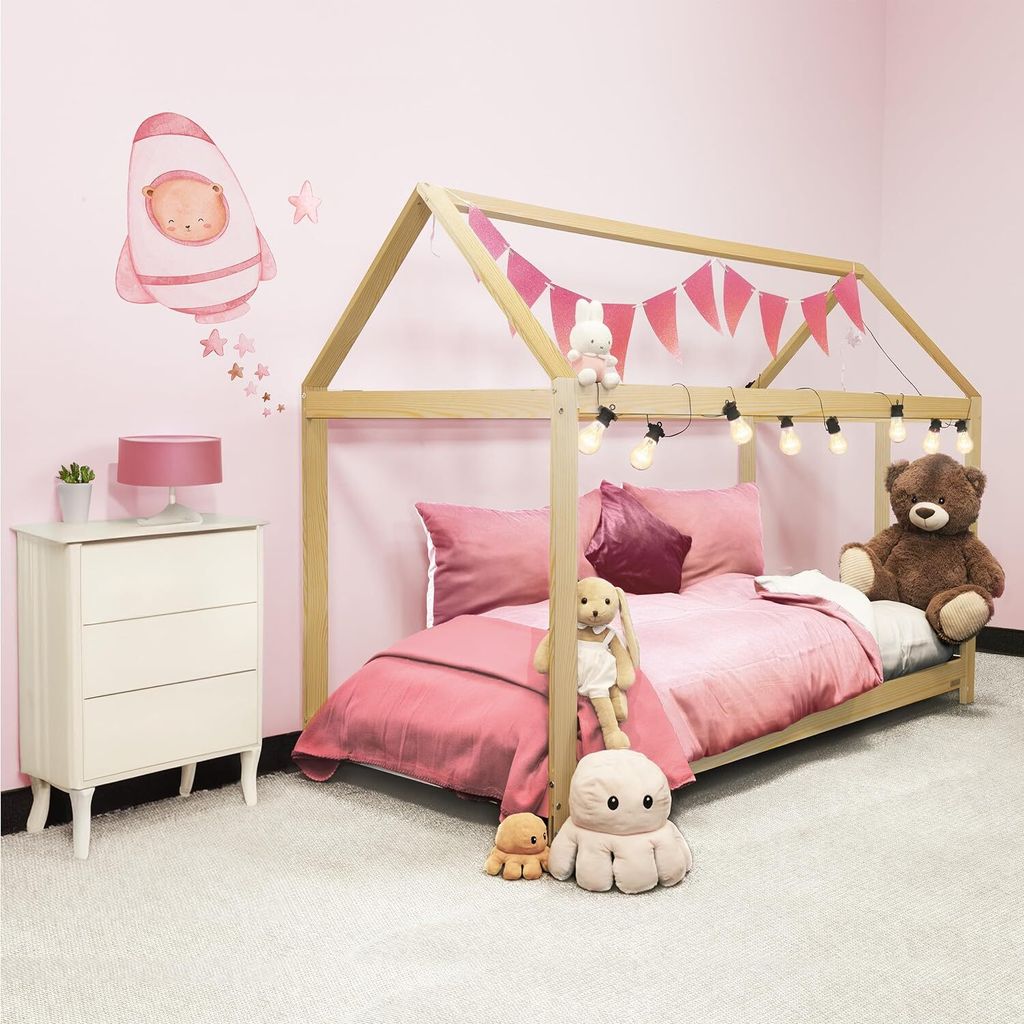 PINEEA Hausbett 90x200 - Kinderbett Haus aus Kiefernholz - Kinder Bett 90x200cm mit Lattenrost für Jungen & Mädchen - Haus Bett Leicht zu Montieren