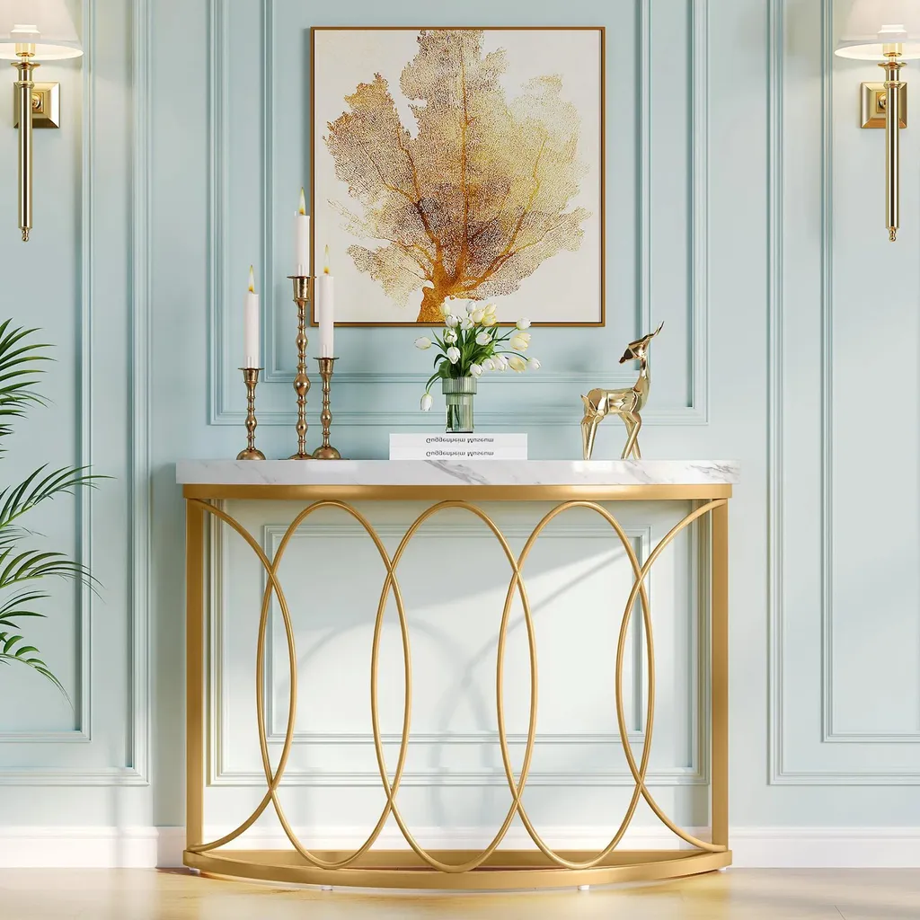 Console dorée au design géométrique 110 cm table d'appoint demi-lune