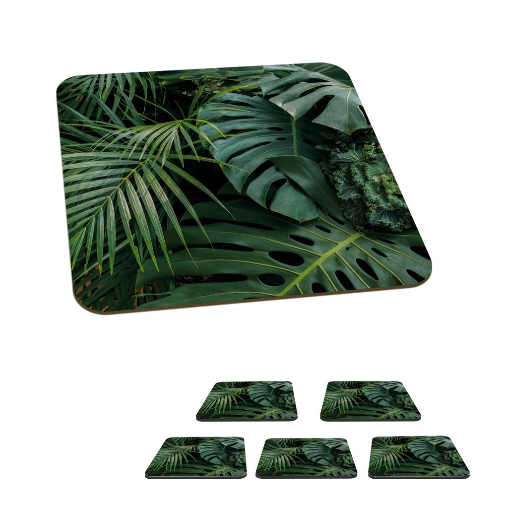 KitchenYeah Glasuntersetzer Quadratisch 6er Set Pflanzen - Dschungel - Blätter - Tropisch 10x10 cm Untersetzer für Gläser - Getränkeuntersetz...