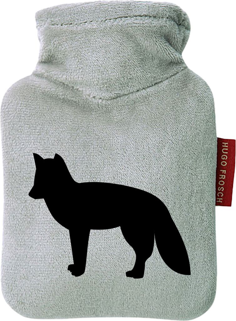 Huuraa Mini-Wärmflasche Fuchs Silhouette 0,2 Liter Grey Mini Veloursbezug Taschenwärmer Geschenkidee