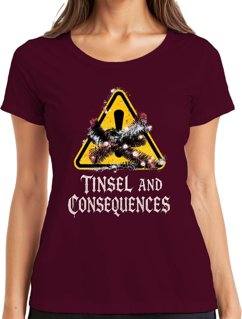 Tinsel and Consequences Weihnachten Lametta Warnschild lustig Damen T-Shirt, Burgundy, M