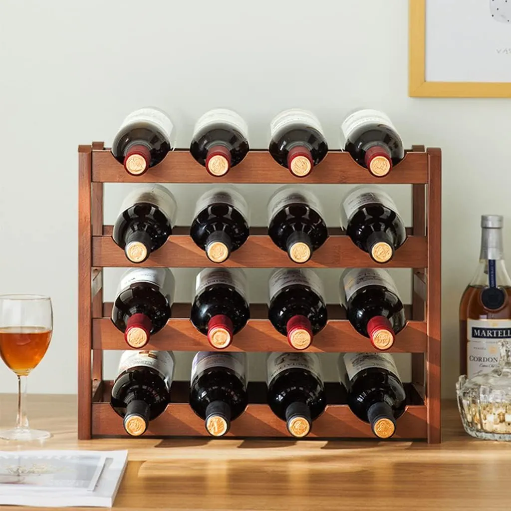 Casier à Vin En Bambou Naturel 3 Niveaux - Rangement Horizontal Pour 12 Bouteilles, Empilable, 43x23,5x25 Cm