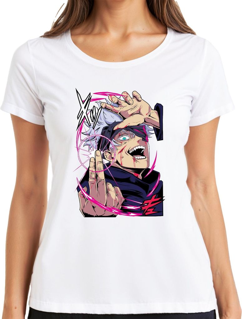 Jujutsu Kaisen Gojo weißes Haar Augenbinde Energiekreis Anime Damen T-Shirt, Weiß, L