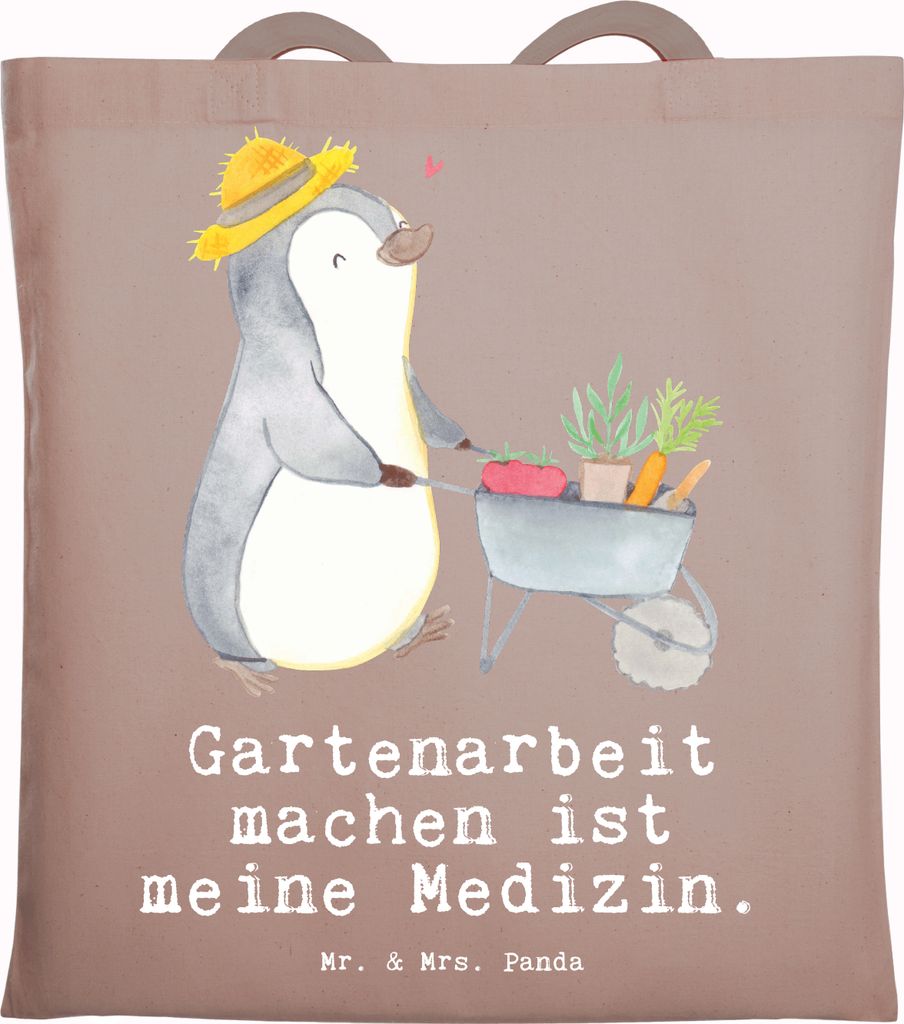 Mr. & Mrs. Panda Jutebeutel Pinguin Gartenarbeit - Braun Pastell - Geschenk, Schultasche, Laptoptasche, Tote Bag, Gartenpflege, Urban Gardening, G...