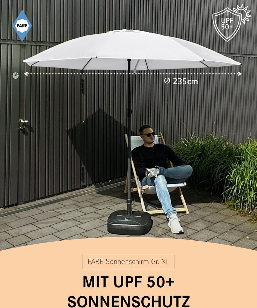 FARE Sonnenschirm XL Höhenverstellbar Knickvorrichtung Lichtschutzfaktor UPF 50+ 235cm, Farbe:Weiß
