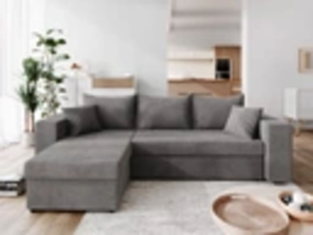 Ecksofa DOMINO Kleine Ecksofa mit Schlaffunktion und zwei Bettkasten, Liegefläche 140x200 cm, Universelle Ecklösung, 2 Bettzeugcontainer, Grau(Ma...
