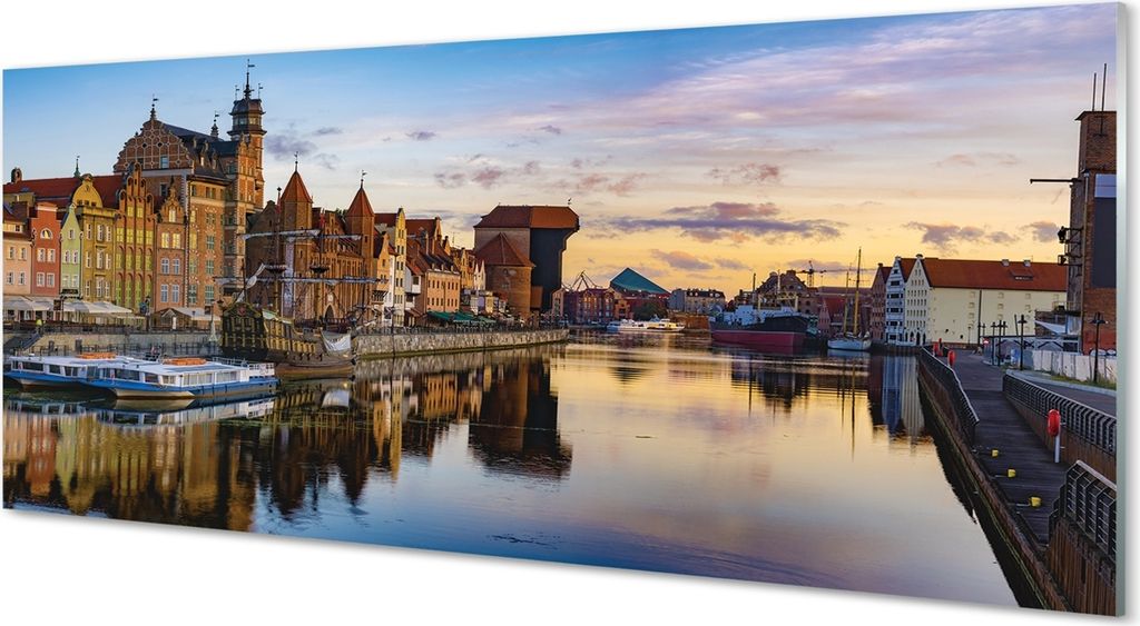 Glasbilder 125x50 Wandkunst Hafen von Fluss Sonnenaufgang Gdańsk