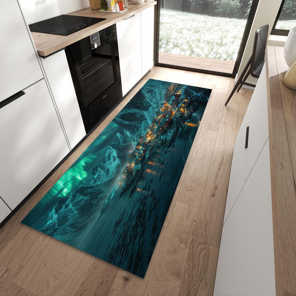 Küchenteppich 90x240cm rutschfest & abwischbar PVC Läufer - Nordlichter über Fjord