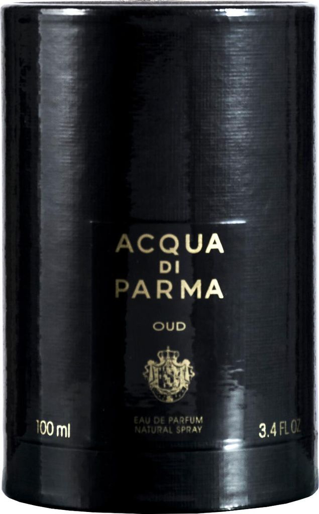 A black cylindrical box for Acqua di Parma Oud Eau de Parfum.