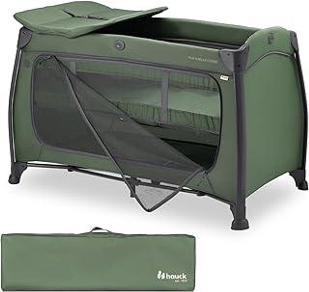 Hauck Play N Relax Center, Dark Green - Baby & Kinderreisebett ab Geburt bis 15 kg mit Neugeboreneneinhang, Wickelauflage, Tragetasche, Rollen, XL ...