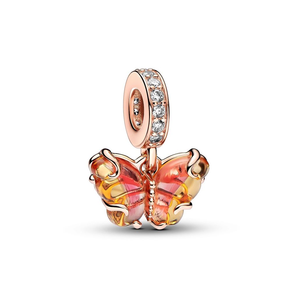 A close-up studio shot of a Pandora charm shaped like a butterfly.