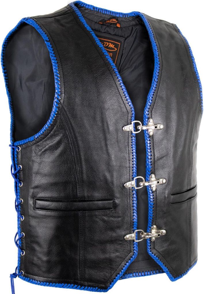 Schwarze Lederkutte mit blau Umrandungen Kutte Biker Motorrad Rocker Clubweste(2XL)
