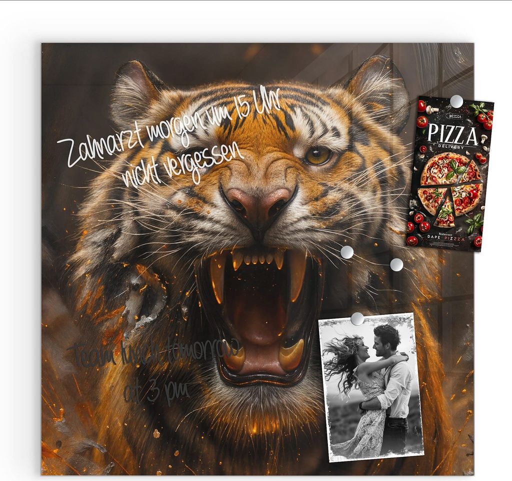 Magnettafel 30x30cm Pinnwand Whiteboard beschreibbar - Tiger im Feuer