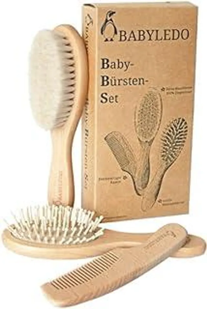 BABYLEDO Set 3 Spazzole Neonato: Legno di Faggio e Setole Capra Vere
