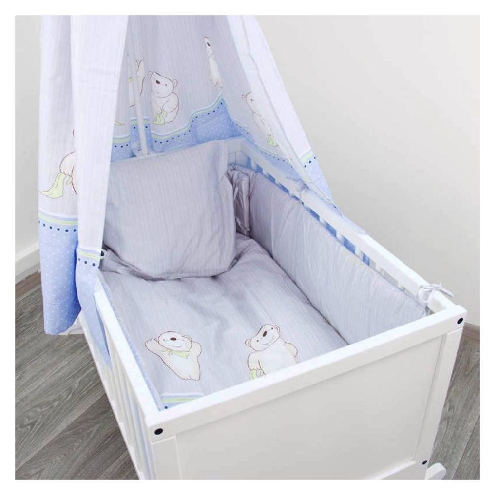 ALVI Baby Bettset für Wiege 80×80 – Motiv „Bären“ – Bettwäsche, Nestchen & Himmel