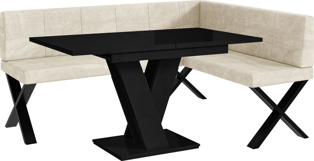 MEBLINI Eckbank für Esszimmer mit ausziehbarem Tisch - Küchenbank - Essecke - Sitzecke Küche - PETER - X-Beine 128x168x87cm Rechts - Creme Samt/...